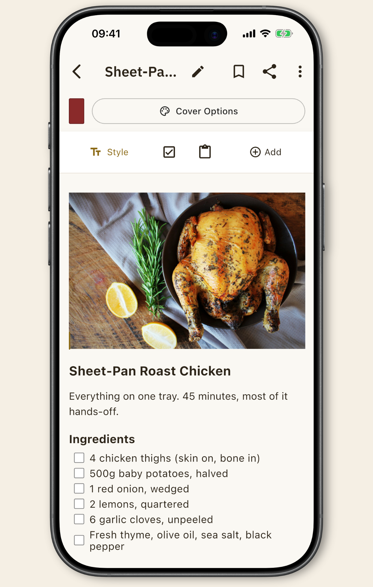 A recipe note showing rich text, checklist ingredients and a photo of roast chicken