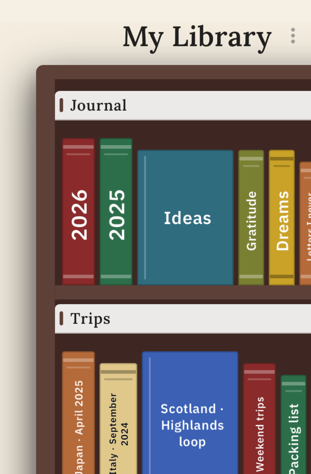 Bookshelf with mixed content — journals, ideas, gratitude, trips