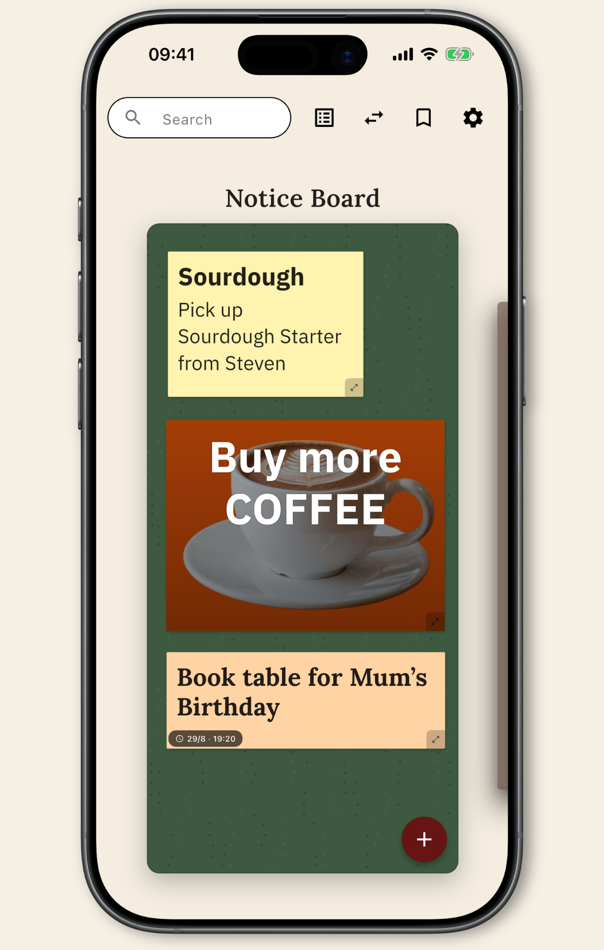 Notice board with cork background and pinned posters