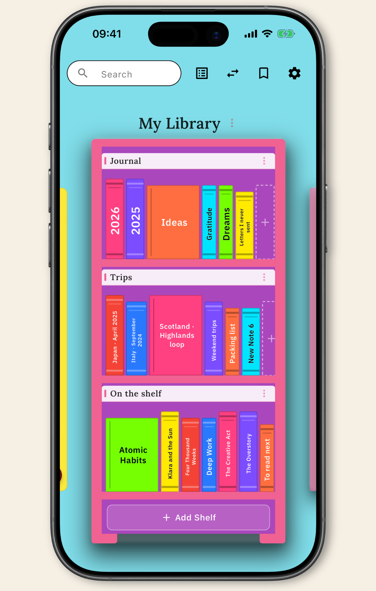 Mind Archive library shown with a Colour Pop theme