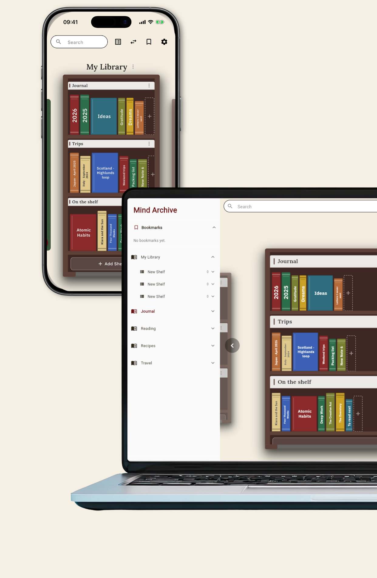 Mind Archive open on iPhone and laptop side by side